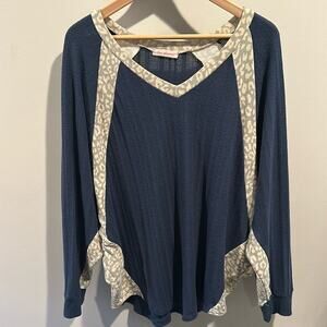 Ces Femme Medium Navy Blue Animal Print Open Knit Dolman Sweater Top